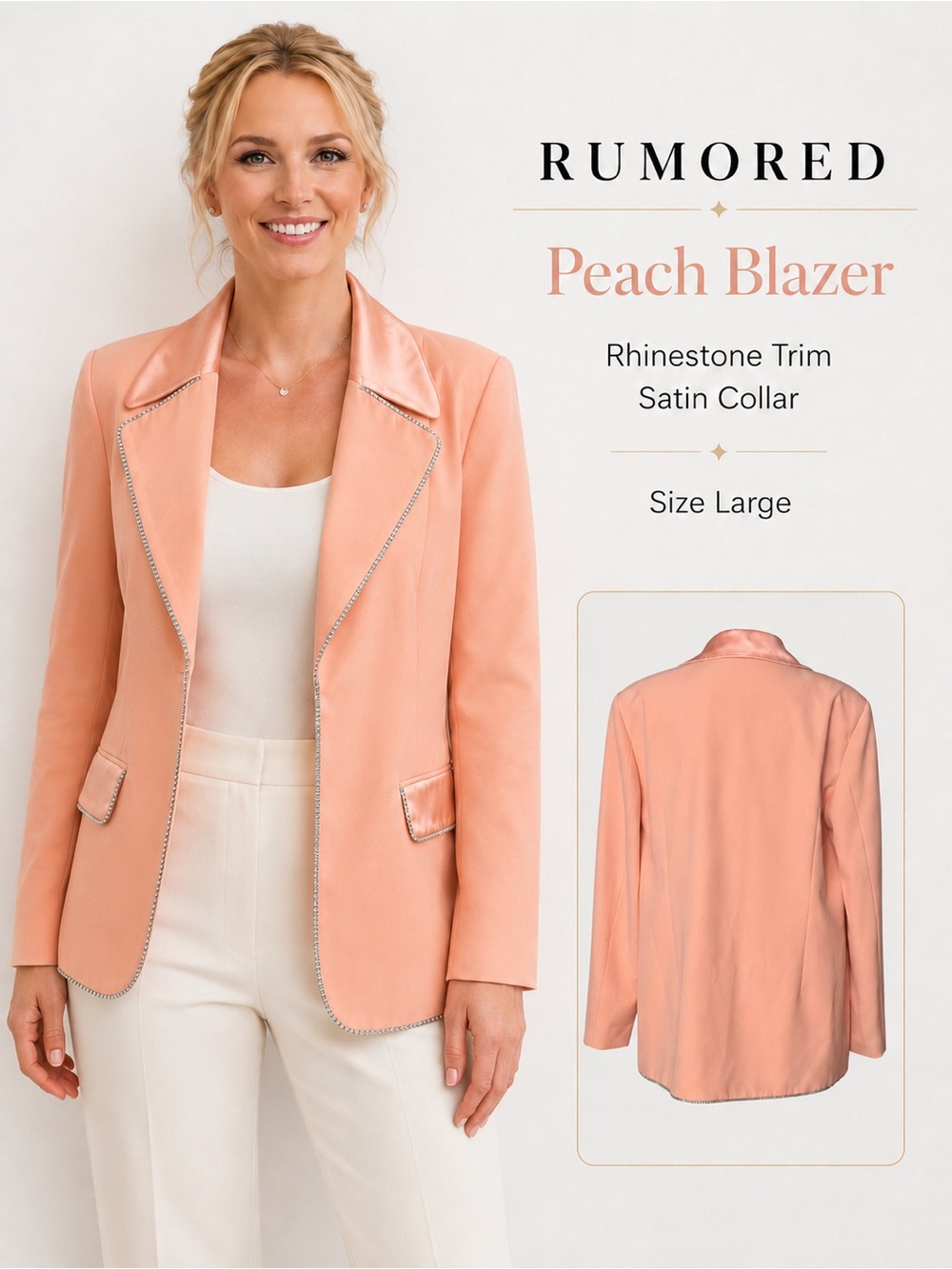 Peach Blazer with rhinestone trim and satin collar size Large by Rumored Brand